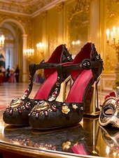 preiswerte Barock &amp; Aussage-Damen Mardi Gras Barock-inspirierte Karneval T-Strap Heels – Verzierter Satin-Pumps mit goldenen Akzenten Strasssteinen und klobigen Absätzen für Maskeradenbälle und Feierlichkeiten