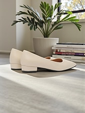 cheap Women's Flats-Women's Elegant White Pointed Toe Flats with Low Block Heel, Comfortable and Stylish Footwear for Casual or Office Wear