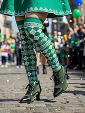  Γυναικεία πράσινα και μαύρα παπούτσια με τακούνι και κορδόνια – vintage σχέδιο με κονκάρδες στα δάχτυλα και στυλ Αγίου Πατρικίου, ιδανικά για εορταστικές εκδηλώσεις και γιορτές.