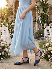 billige Brudepike-Dame marineblå blondebrudepikesko med ankelstropp – spiss tå med lav hæl i brudesko