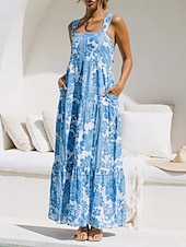 tanie Sukienki kwiatowe-Damskie Sukienka maxi Sukienka A line Sukienka na ramiączkach Urlop Codzienny Na zewnątrz Wyjściowe Luźna Kwiaty Graficzny Bez rękawów Cienkie ramiączka Niebieski Błękit nieba Pomarańczowy Zielony