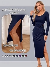 cheap Women-Women's long sleeve square neck waist pleat one side slit ribbed long dress