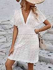 Χαμηλού Κόστους Φορέματα παραλίας-Γυναικείο κάλυμμα μαγιό φόρεμα Cut Out διακοπών παρα beachwear μονόχρωμο V λαιμό κοντά μανίκια