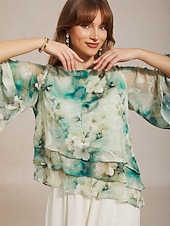  Femmes Chemisier Hauts en mousseline de soie Hauts en dentelle À lacets Superposé Fleuri Élégant Manche 3/4 Col ras du cou Hauts Réguliers Quotidien robe demoiselle d honneur Vert Été Printemps