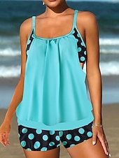 זול טנקיני-בגד ים טנקיני 2 חלקים לנשים עם חצאיות מחטב בטן מותן גבוהה שקוף בגד ים חופים עם פסים נקודתיים וצווארון U ללא שרוולים