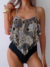 Χαμηλού Κόστους Τανκίνι-Γυναικείο Tankini 2 τεμαχίων Μαγιό Λεοπάρ Briefs Έλεγχος Κοιλιάς Ψηλή Μέση Αδύνατο Ανοιχτή Πλάτη Διακοπές Παραλία Floral Scoop Neck Άνευ Μανικιών Μαγιό