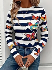 abordables Camiseta a rayas y geométrica-Mujer Camiseta Estampado Graphic Mariposa A Rayas Vintage Elegante Moderno Manga Larga Cuello Barco Tops regulares Diario Fin de semana Azul Piscina Amarillo Rojo Morado Otoño Invierno