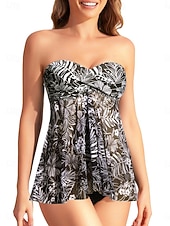 Χαμηλού Κόστους Τανκίνι-Γυναικείο Tankini 2 Τεμαχίων Μαγιώ Underwire Colorblock Cheeky Έλεγχος Κοιλιάς Ψηλόμεσο Slim Ανοικτή Πλάτη Διακοπές Παραλία Φόρεμα Λουλούδια Ριγέ Strapless Αμάνικο Μαγιώ