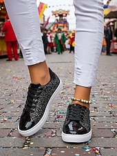 お買い得  女性の靴-ウィメンズ・マルディグラ・ゴールドグリッターのスパークリースニーカー、メタリックトーキャップ付き – カーニバル、ニューイヤーズイブ  カジュアルグラム用のブリングレースアップフラットシューズ