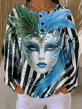 cheap Women's Carnival-Carnival Women's Pullover Sweatshirt Graphic Striped Abstract Warm Classic Casual Long Sleeve Crew Neck Regular Tops Casual Street Dailywear Buttons Print Blue Yellow Pink Purple Green Spring