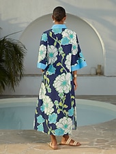 economico Abiti floreali-abito lungo da vacanza in rayon con maniche a dolman e motivo floreale color block