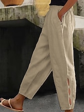 cheap Bottoms-Women's Cotton Linen Pants Chinos Summer Pants Vacation Streetwear Casual Full Length Medium Waist Plain Pocket Elastic Waistband Comfortable Breathable Inelastic Daily Outdoor Street White Sky Blue