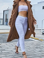 cheap Women's Outerwear-Women's Winter Coat Teddy Coat Coat Windproof Warm Patchwork Buttons Elegant Fashion Casual Plain Daily Outdoor Street Long Lapel Regular Fit Long Sleeve Outerwear Coffee Fall Winter