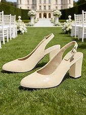 cheap Mother of Bride/Groom-Women's  Classic Beige Elegant Slingback Heels – Comfortable Block Heel, Perfect for Mothers at Garden Weddings