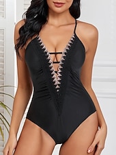cheap One-piece swimsuits-Women's One Piece Swimsuit Slimming Ruched Sexy Cutout Monokini Tummy Control High Waist Slim Backless Vacation Beach Wear Solid Color V Neck Sleeveless Bathing Suits