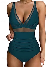 Χαμηλού Κόστους Ενός τεμαχίου-Γυναικεία Μαγιό Ενα κομμάτι Μπικίνι Σορτσάκια Μαγιό Δίχτυ Εξώπλατο Διακοπές Ρούχα παραλίας Συμπαγές Χρώμα Λαιμόκοψη V Αμάνικο Μαγιό