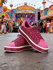 billiga Kvinno skor-Damsneakers med rosa glitter och snörning – glittrande platåskor för vardagsbruk, karneval, festivaler och fester