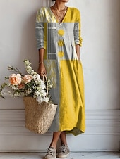 Χαμηλού Κόστους Ριγέ και Γεωμετρικά Φορέματα-Γυναικείο Midi Φόρεμα Λινό Όπως Αναπνεύσιμο Ελαφρύ Καλοκαιρινό Φόρεμα Shift Casual Πάρτι Διακοπές Χαλαρή Εφαρμογή Γεωμετρικό Μακρύ Μανίκι V Λαιμός Κίτρινο Ροζ Ανοιχτό Καφέ Καλοκαίρι Άνοιξη