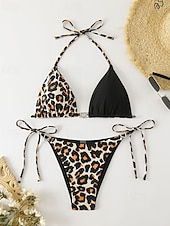 abordables Conjuntos de bikini-Mujer Bañadores Bikini 2 piezas Bermudas Traje de baño Espalda al Aire Vacaciones Ropa de playa Leopardo Cuello halter Sin Mangas Trajes de baño