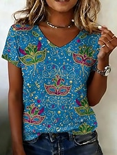 preiswerte Kunst &amp; Design T-Shirt-Karnival Damen T Shirt Druck Grafik Vintage Lässig Kurzarm V Ausschnitt Normale Oberteile Täglich Wochenende Urlaubskleidung Blau Sommer Frühling