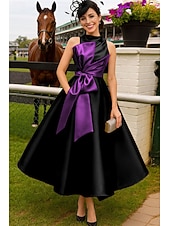 ieftine Lungimea gleznei-Linia -A Lungime Gleznă Rochie Derby Rochie Mama Miresei Fără manșon Stil Nautic Gât Înalt Elegant Kentucky Derby Satin cu Arc Bloc Culoare