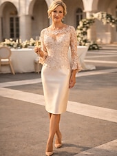preiswerte Teelänge-Schlauchkleid Knielang Partykleid Cocktailkleid Kleid für Hochzeitsgäste Brautmutterkleid Langarm Juwelenhals Elegant Vintage luxuriös Hochzeitsgast Satin Spitze mit Applikationen