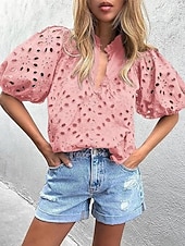 お買い得  プレーンTシャツ-女性用 ブラウス すかしカット 純色 ヴィンテージ スタイリッシュ カジュアル 半袖 Ｖネック レギュラートップス 日常 ブルー ブラック ホワイト ピンク アーミーグリーン 夏 春