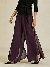  Women's Wide Leg Straight-Leg Trousers Chiffon Elegant Ankle-Length Mid Waist Elastic Waistband Stretchy Casual Daily Holiday Eggplant Summer Spring Fall