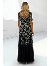  A-Line Floor Length Beaded Eembroidered Wedding Guest Dress Formal Dresses Mother of the Bride Dress Short Sleeve Square Neck Elegant Simple Minimalist Formal Wedding Guest Tulle Beaded Lace with