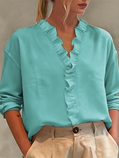 preiswerte Schicke Blusen-Damen Bluse Elegante Oberteile Gerafft Rüsche Patchwork Einfarbig Einfach Elegant Vintage Täglich Langarm V Ausschnitt Normale Oberteile Täglich Arbeit Ferien Blau Blaugrün Weiß Rosa Grün Sommer