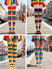 Недорогие Аксессуары-Женские разноцветные чулки до колена на Марди Гра в комплекте из 4 штук — растяжимые полосатые карнавальные чулки для женщин яркий стиль для карнавальных и праздничных нарядов