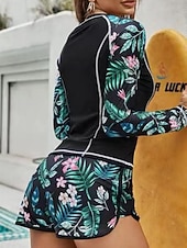 お買い得  タンキニ-ウィメンズ タンキニ 2ピース 水着 パーム ラッシュ ガード ショート タミー コントロール ハイウエスト スリム バックレス バケーション ビーチ ウェア フローラル ラウンド ネック ロングスリーブ 水着