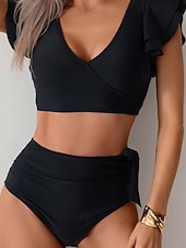 Χαμηλού Κόστους Σετ μπικίνι-Γυναικεία Μαγιό 2 κομμάτι Προκλητικό Μαγιό Σουρωτά Κουρελού Εξώπλατο Διακοπές Ρούχα παραλίας Συνδυασμός Χρωμάτων Λαιμόκοψη V Αμάνικο Μαγιό