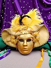 billiga Tillbehör-Kvinnors röd- och guldvenetiansk karneval Mardi Gras mask med fjädrar och blommiga detaljer – Perfekt för Mardi Gras och maskeradfester