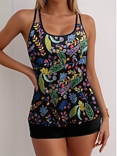 economico Tankini-WOMEN'S TANKINI 2 PEZZI COSTUME DA BAGNO ALTA VITA SENZA SCHIENA VACANZA AL MARE STAMPA GRAFICA FLOREALE COLLETTO A U SENZA MANICHE