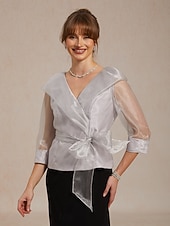  Dame Dressy topper Rynket Illusjon Helfarge Elegant 3/4 ermer V-hals Vanlige topper Bryllupsgjest Cocktail antrekk lysegrå Sommer Vår Høst