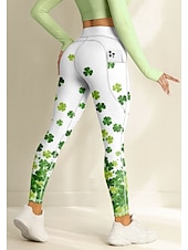  St. Patrick Women's pilates leggings fitness pants Gym Leggings Pockets Stamp Duty Side Pockets Pilates Gym Gym Workout Pants Tights Leggings Floral Clover Green Sports Activewear High Elasticity