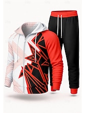 cheap Tracksuits-Men's Hoodie Tracksuit 2 Piece Tracksuit Drawstring Zip Up Geometric Clothing Suit Fall Winter Yellow Red Vocation Outdoor Travel Lightweight Fashion Long Sleeve Sport Activewear Stretchy Regular Fit