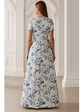 cheap A-Line Evening Dresses-A-Line Floor Length Evening Gown Elegant Floral Short Sleeve V Neck Wedding Formal Jacquard with Floral Print Pleats