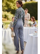  Overalls Bodenlang Perlenbestickt Abendkleid Kleid der Brautmutter Brautmutterkleid Langarm Hoher Ausschnitt Elegant Vintage Cocktail Hochzeitsgast Ferien mit Schleife(n)