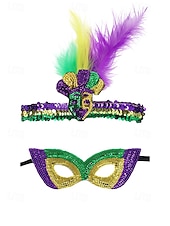 levne Příslušenství-Dámská souprava masky a čelenky na karneval Mardi Gras z polyesteru s flitry – živé barvy s peřím ideální pro karneval a maškarní večírky