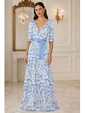  A-Line Floor Length Beaded Eembroidered Formal Dresses Mother of the Bride Dress Evening Gown Ball Gown Formal Dress Elegant Glittering 3/4 Length Sleeve V Neck Wedding Formal Pocket Satin Lace with