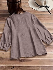 baratos Camisas Falsas Essenciais-Mulheres Blusa Tops elegantes Linho de algodão sintético Franzido Patchwork Zíper Côr Sólida Tecido Elegante senhoras à moda Manga 3/4 Decote V Tops regulares Diário Trabalho Para Noite Preto Camelo