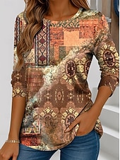 halpa Boho t-paita-Naisten T-paita Painettu Kuvitettu Raidoitettu Abstrakti Vintage Tyylikäs Klassinen Pitkähihainen Tiukka pyöreä kaula-aukko Tavalliset topit Päivittäin Viikonloppu Sininen Punastuvan vaaleanpunainen