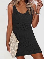 cheap Beach Dresses-Women's Swimwear Cover Up Swim Dress Swimsuit Knit Vacation Beach Wear Solid Color V Neck Sleeveless Bathing Suits