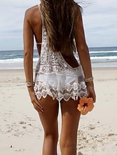 رخيصةأون ملابس علوية للشاطئ-مايوه نسائي غطاء للسباحة قطع مفتوحة كروشيه ملابس شاطئية لقضاء العطلة بلون موحد حرف V بدون أكمام