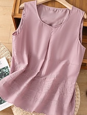 Недорогие Основные искусственные рубашки-Жен. Летние вершины Блуза Искусственный хлопок и лен Рюши Пэчворк Вышивка Сплошной цвет Элегантный стиль Дамы Стиль Без рукавов U-образный вырез Обычные топы Повседневные Офис На выход