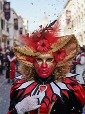 billiga Tillbehör-Kvinnors röd- och guldvenetiansk karneval Mardi Gras mask med fjädrar och blommiga detaljer – Perfekt för Mardi Gras och maskeradfester