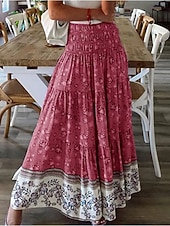 baratos Saias gráficas-Mulheres Boêmia Moda Casual Longo Cintura Alta Saias Floral Imprimir Com Stretch Diário Rua Vermelho Azul Roxo Verde Primavera