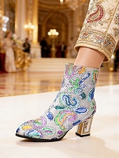 tanie Buty damskie-Kobiece botki z cekinami i haftem – Kolorowe krótkie buty barokowe w stylu karnawałowym na imprezy festiwale i bal maskowy